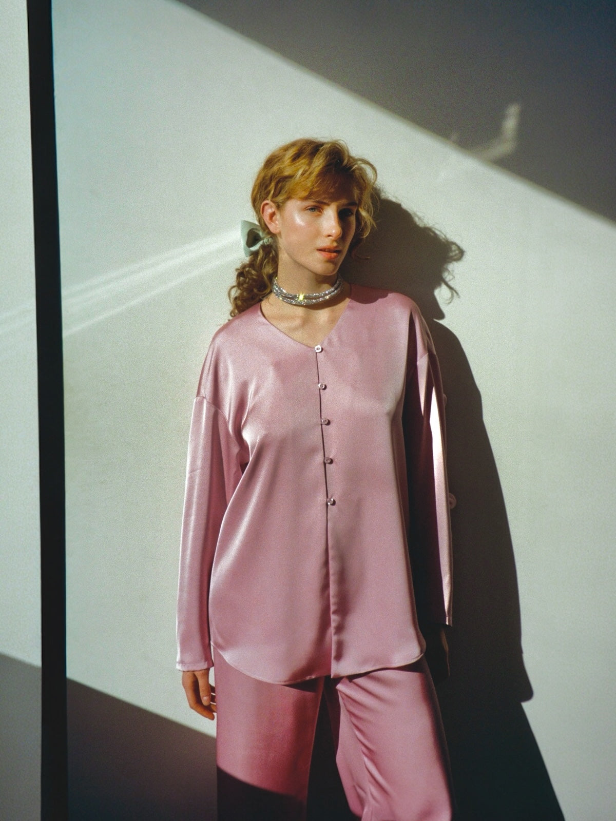 Silk ruffle blouse pink