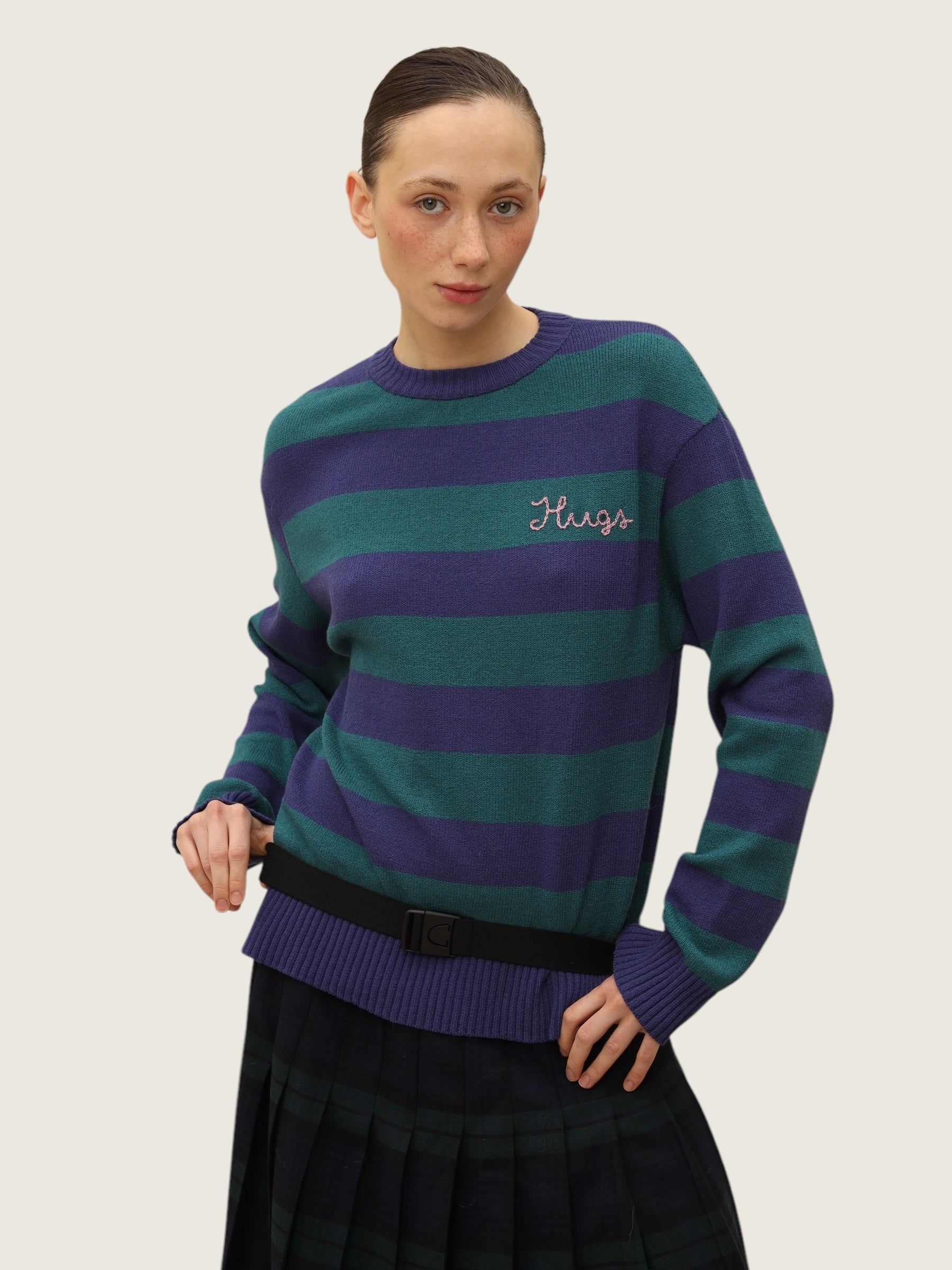 Sapphire Striped Sweater with hand Embroidery